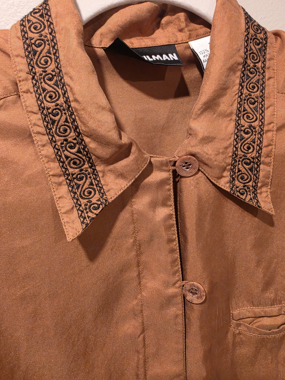 ​Vintage Diane Gilman 100% Silk Blouse Rust Copper Embroidered Collar
